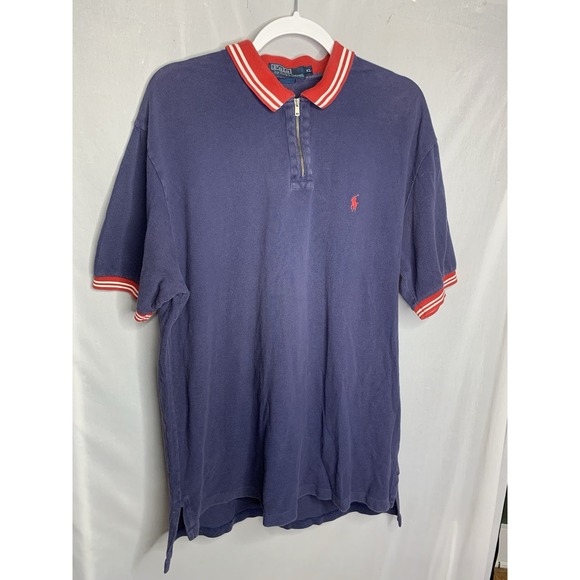 Mens XL Vintage Polo By Ralph Lauren 1/4 Zip Collared Short Sleeve Navy Blue Red - Picture 1 of 6